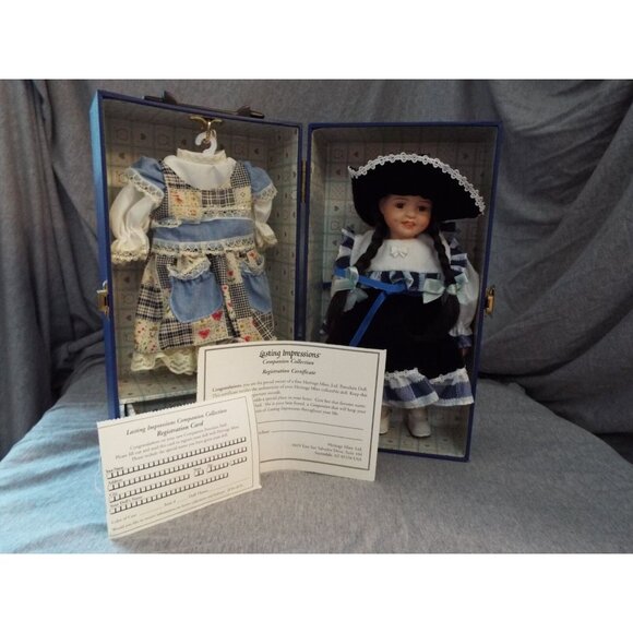 Vintage 12" Porcelain Doll & Wardrobe Case w/Drawer Heritage Mint COA + Dress - Picture 1 of 7